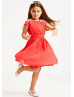 Beaded Coral Pleated Chiffon Knee Length Flower Girl Dress